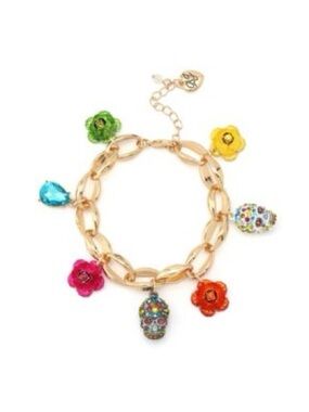 NWT Betsey Johnson Flower Sugar Skull Charm Bracelet, Gold Tone, Day of the Dead
